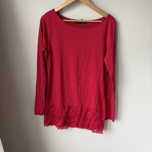 White House Black Market Lace Trim Tunic Top Boat Neck Red Size Large